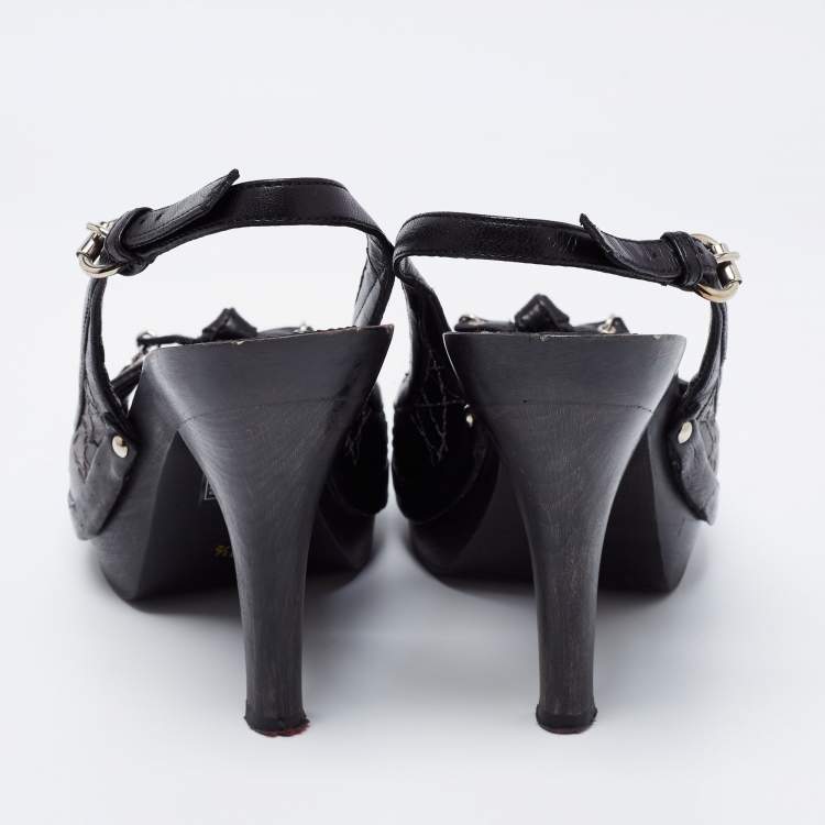 Pre Owned Dior Black Cannage Leather CD Charm Bow Peep-Toe Slingback Pumps Size 38.5