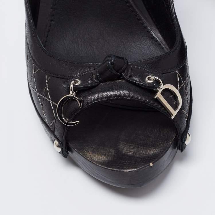 Pre Owned Dior Black Cannage Leather CD Charm Bow Peep-Toe Slingback Pumps Size 38.5