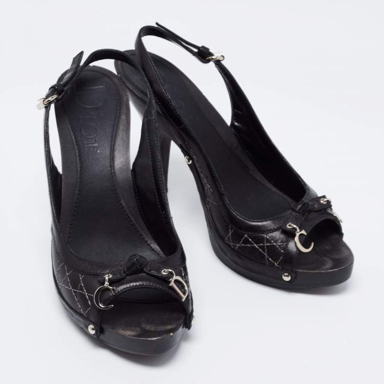 Pre Owned Dior Black Cannage Leather CD Charm Bow Peep-Toe Slingback Pumps Size 38.5