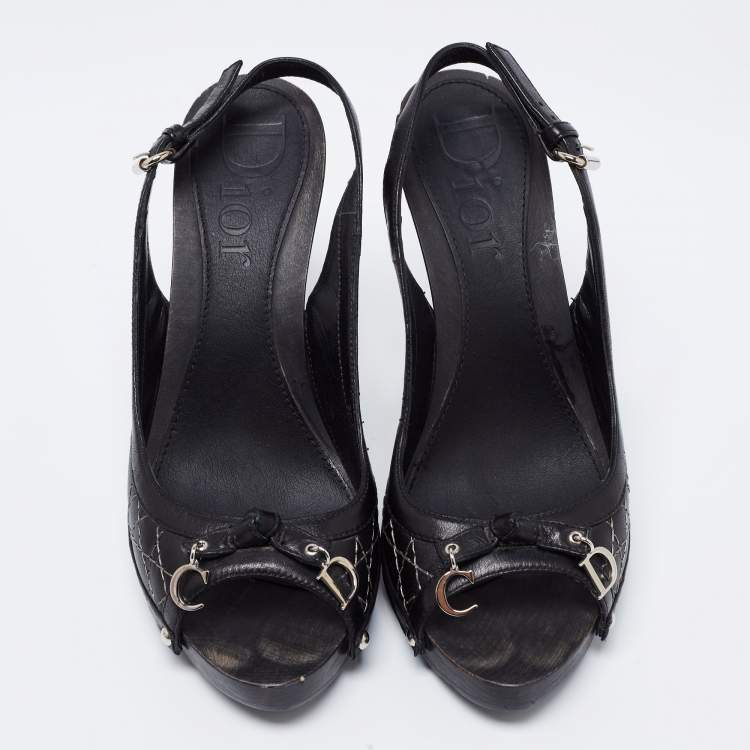 Pre Owned Dior Black Cannage Leather CD Charm Bow Peep-Toe Slingback Pumps Size 38.5