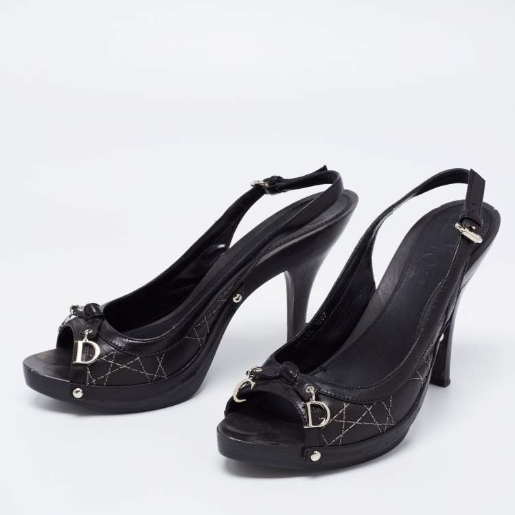 Pre Owned Dior Black Cannage Leather CD Charm Bow Peep-Toe Slingback Pumps Size 38.5