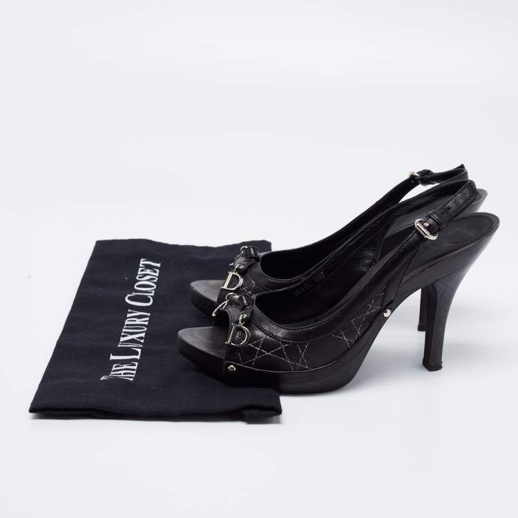Pre Owned Dior Black Cannage Leather CD Charm Bow Peep-Toe Slingback Pumps Size 38.5