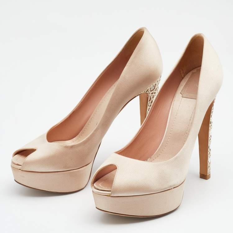 Pre Owned Dior Beige Satin Cannage Heel Peep Toe Platform Pumps Size 38.5