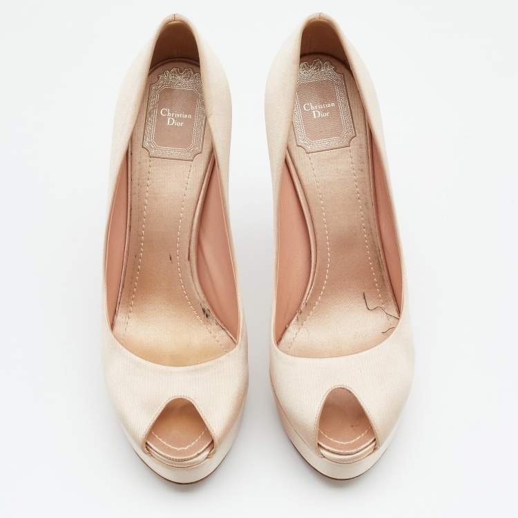 Pre Owned Dior Beige Satin Cannage Heel Peep Toe Platform Pumps Size 38.5