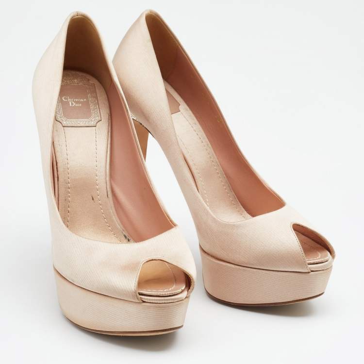 Pre Owned Dior Beige Satin Cannage Heel Peep Toe Platform Pumps Size 38.5