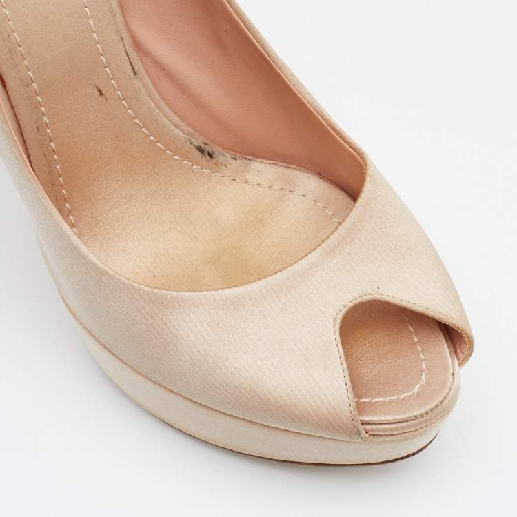Pre Owned Dior Beige Satin Cannage Heel Peep Toe Platform Pumps Size 38.5