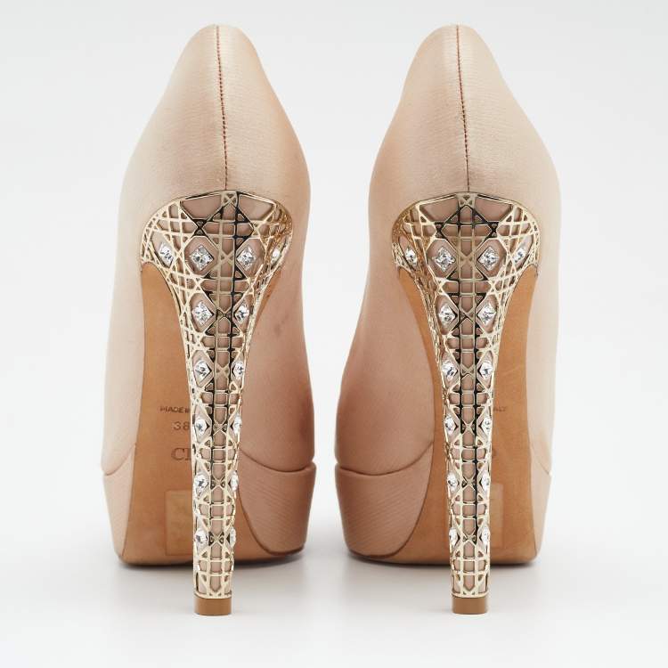 Pre Owned Dior Beige Satin Cannage Heel Peep Toe Platform Pumps Size 38.5