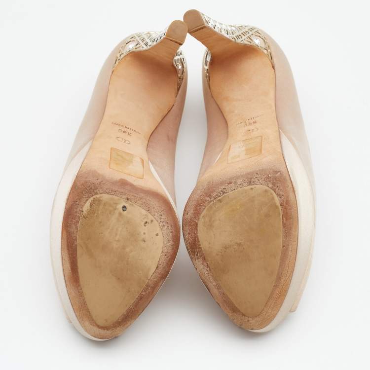 Pre Owned Dior Beige Satin Cannage Heel Peep Toe Platform Pumps Size 38.5