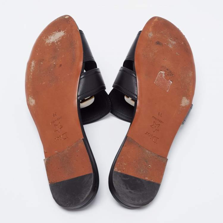 Pre Owned Dior Black Leather 30 Montaigne Flat Slide Sandals Size 38