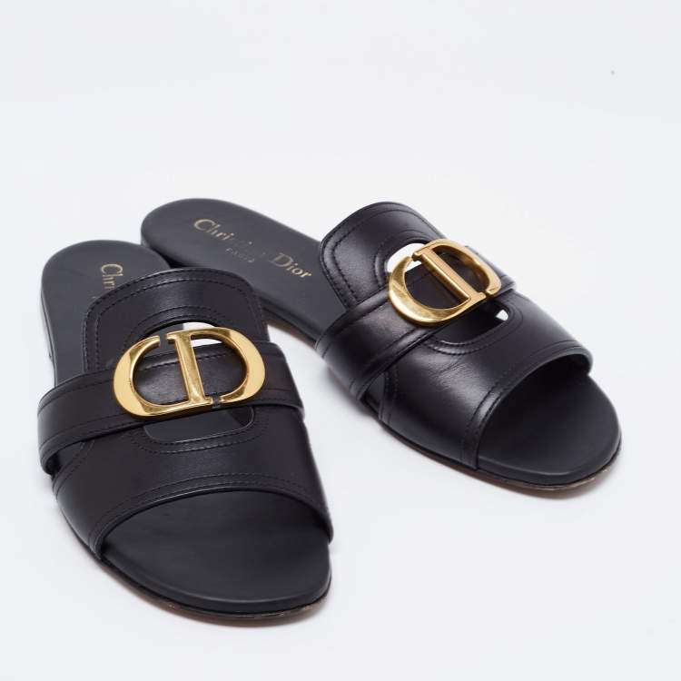 Pre Owned Dior Black Leather 30 Montaigne Flat Slide Sandals Size 38
