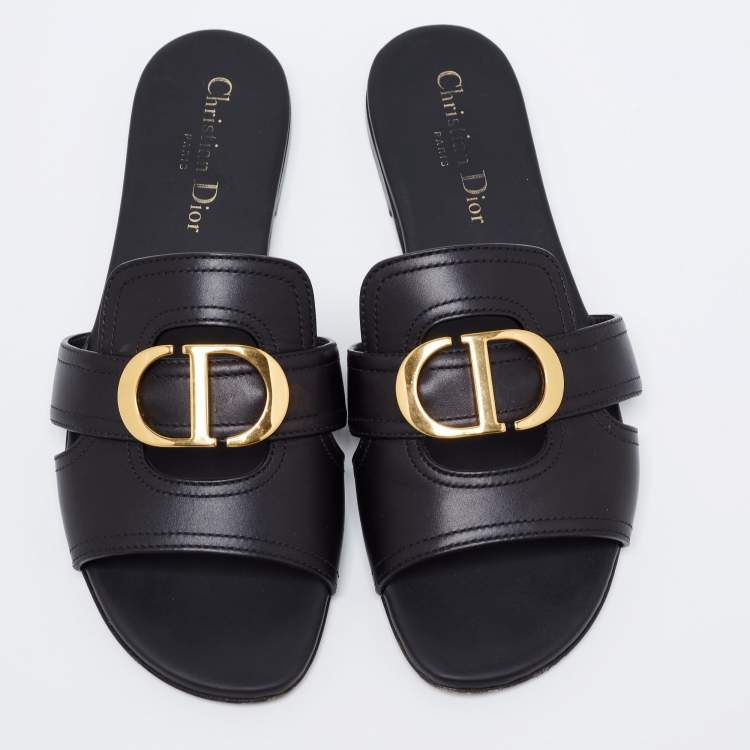 Pre Owned Dior Black Leather 30 Montaigne Flat Slide Sandals Size 38
