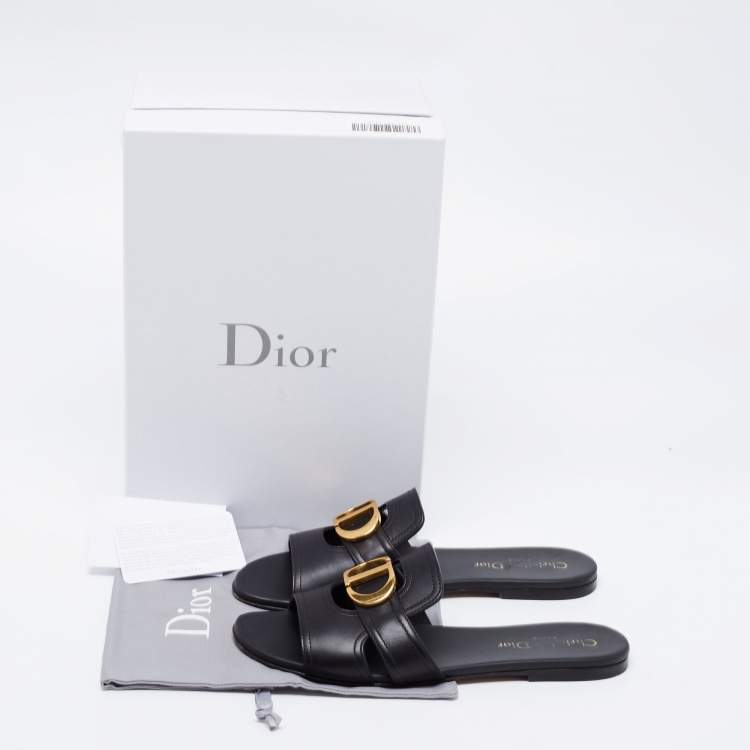 Pre Owned Dior Black Leather 30 Montaigne Flat Slide Sandals Size 38