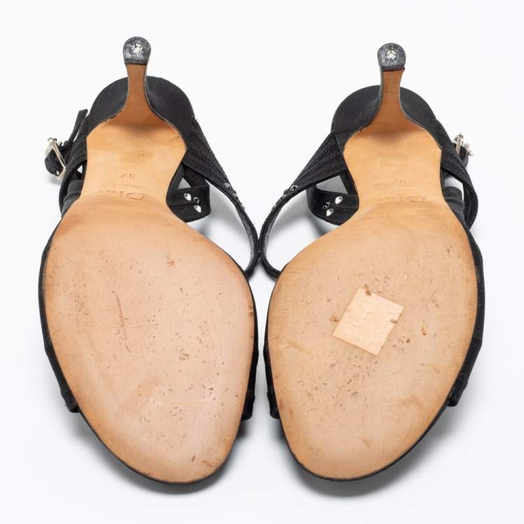 Pre Owned Dior Black Satin Crystal Embellished Slingback Sandals Size 37