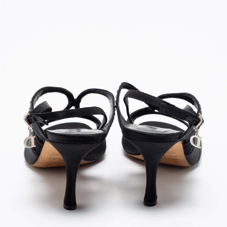 Pre Owned Dior Black Satin Crystal Embellished Slingback Sandals Size 37