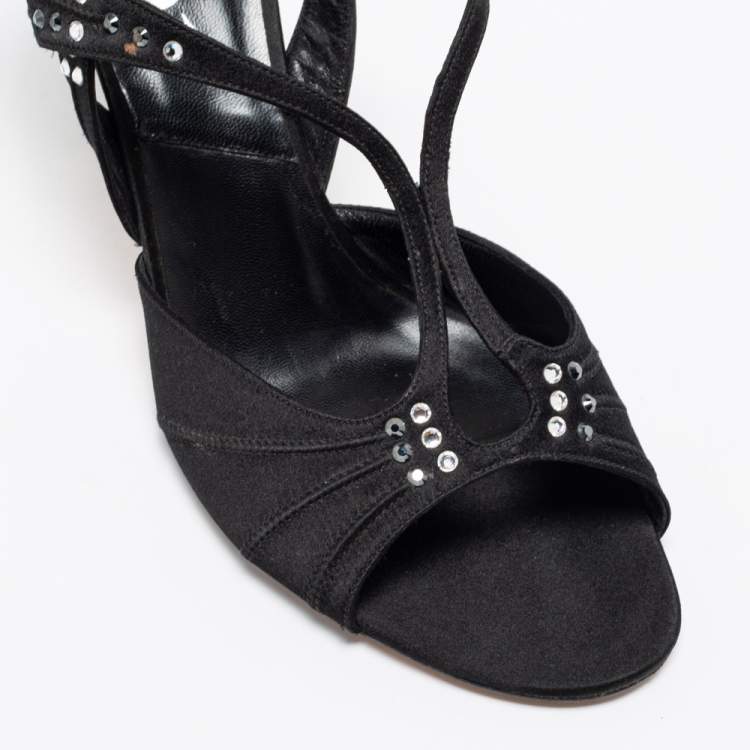 Pre Owned Dior Black Satin Crystal Embellished Slingback Sandals Size 37