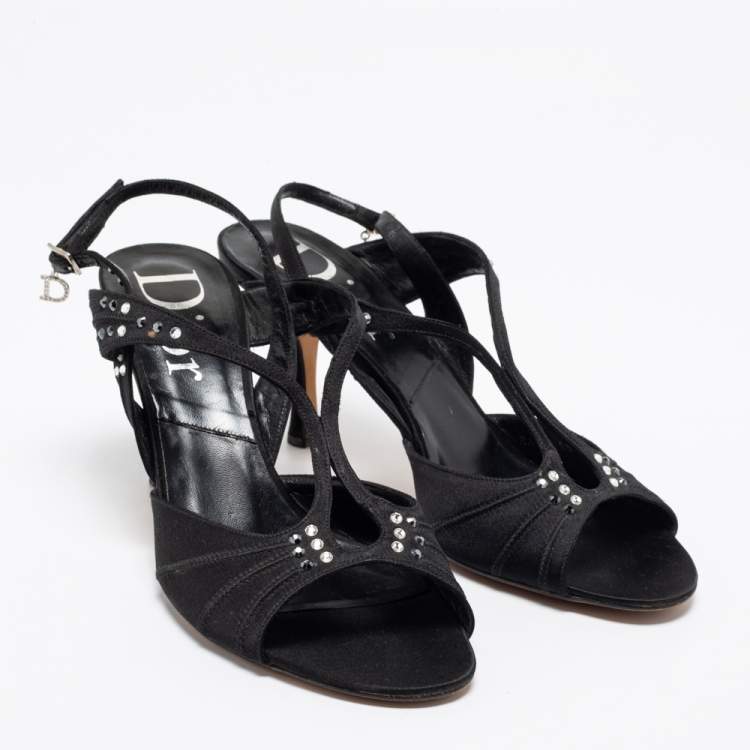 Pre Owned Dior Black Satin Crystal Embellished Slingback Sandals Size 37