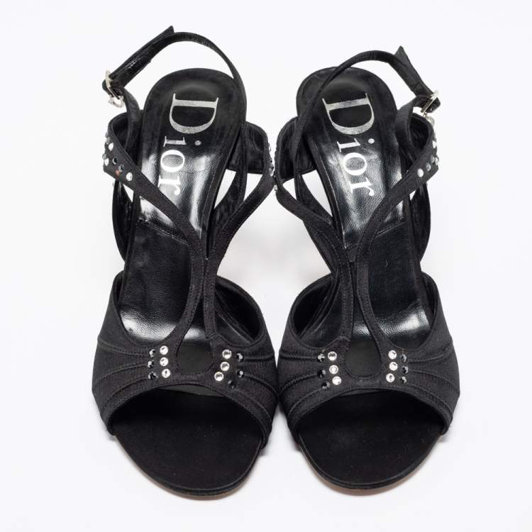 Pre Owned Dior Black Satin Crystal Embellished Slingback Sandals Size 37