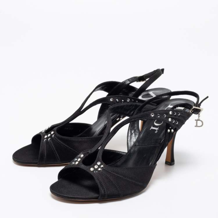 Pre Owned Dior Black Satin Crystal Embellished Slingback Sandals Size 37