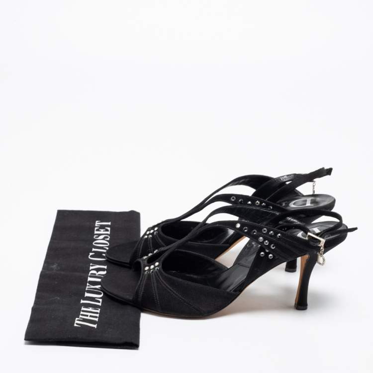 Pre Owned Dior Black Satin Crystal Embellished Slingback Sandals Size 37