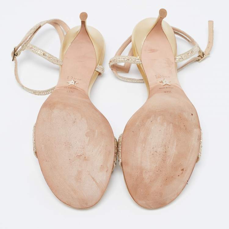Pre Owned Dior Gold Crystal Embellished Embroidered Canvas Dway Heeled Ankle-Strap Sandals Size 41.5
