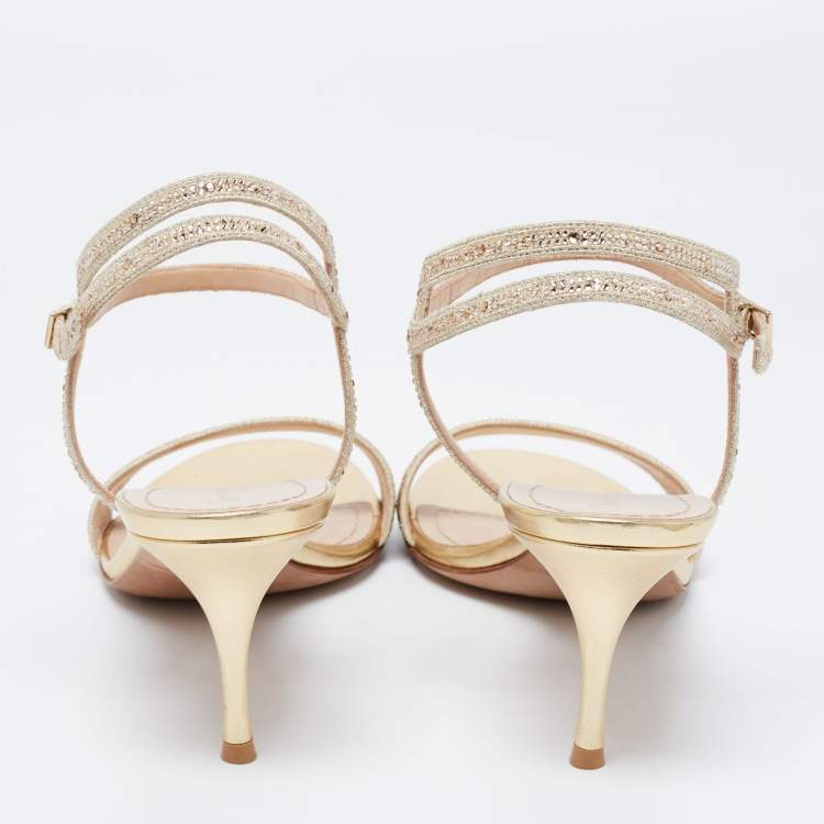 Pre Owned Dior Gold Crystal Embellished Embroidered Canvas Dway Heeled Ankle-Strap Sandals Size 41.5