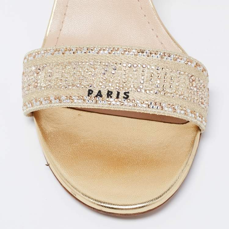 Pre Owned Dior Gold Crystal Embellished Embroidered Canvas Dway Heeled Ankle-Strap Sandals Size 41.5