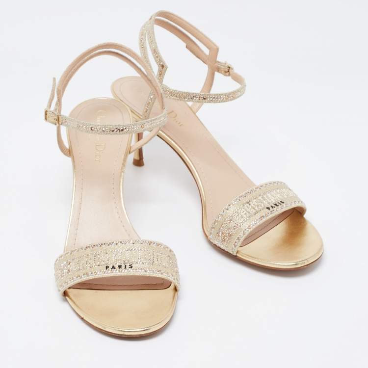 Pre Owned Dior Gold Crystal Embellished Embroidered Canvas Dway Heeled Ankle-Strap Sandals Size 41.5