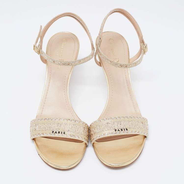 Pre Owned Dior Gold Crystal Embellished Embroidered Canvas Dway Heeled Ankle-Strap Sandals Size 41.5