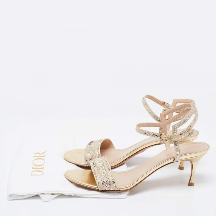 Pre Owned Dior Gold Crystal Embellished Embroidered Canvas Dway Heeled Ankle-Strap Sandals Size 41.5