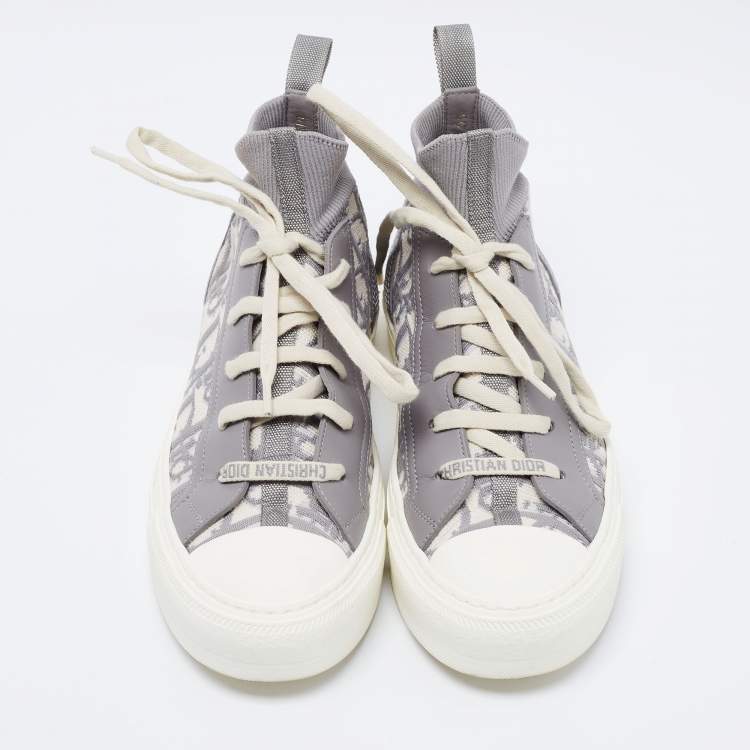 مملوكة مسبقًا Dior Grey/White Knit Fabric And Leather Walk'n'Dior High-Top Sneakers Size 36