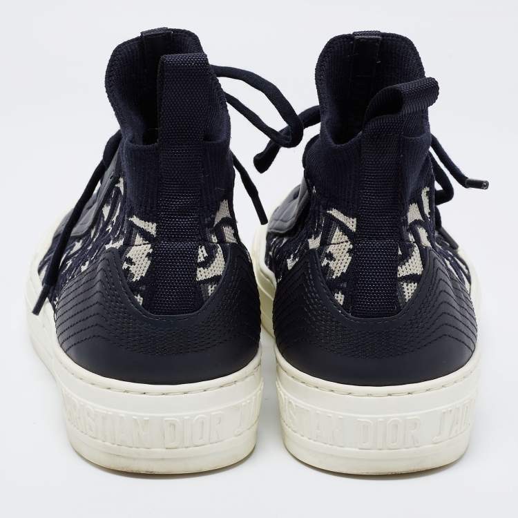 Pre Owned Dior Blue/White Knit Fabric and Leather Walk'n'Dior High-Top Sneakers Size 36
