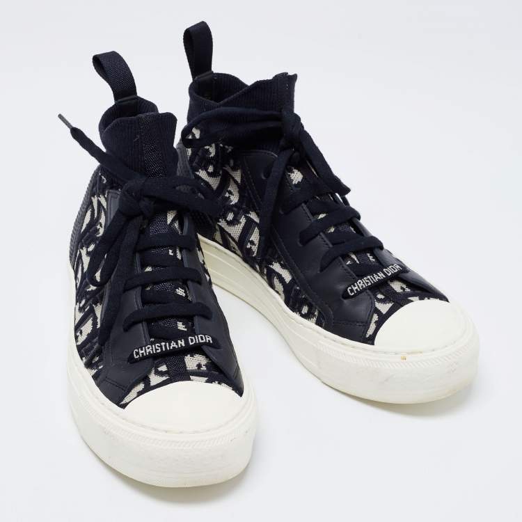 Pre Owned Dior Blue/White Knit Fabric and Leather Walk'n'Dior High-Top Sneakers Size 36