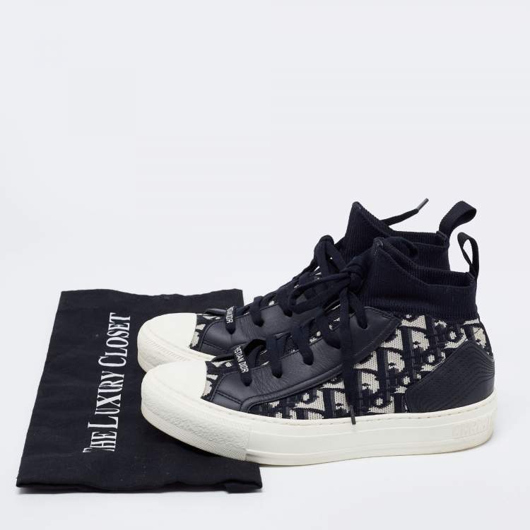 Pre Owned Dior Blue/White Knit Fabric and Leather Walk'n'Dior High-Top Sneakers Size 36