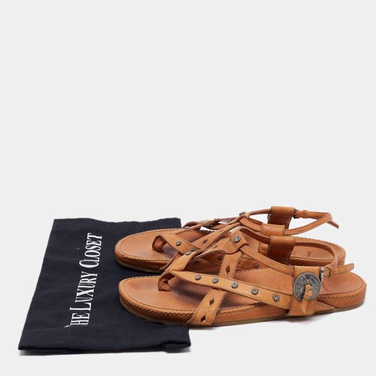 Pre Owned Dior Brown Leather Flat Slingback Sandals Size 39.5 