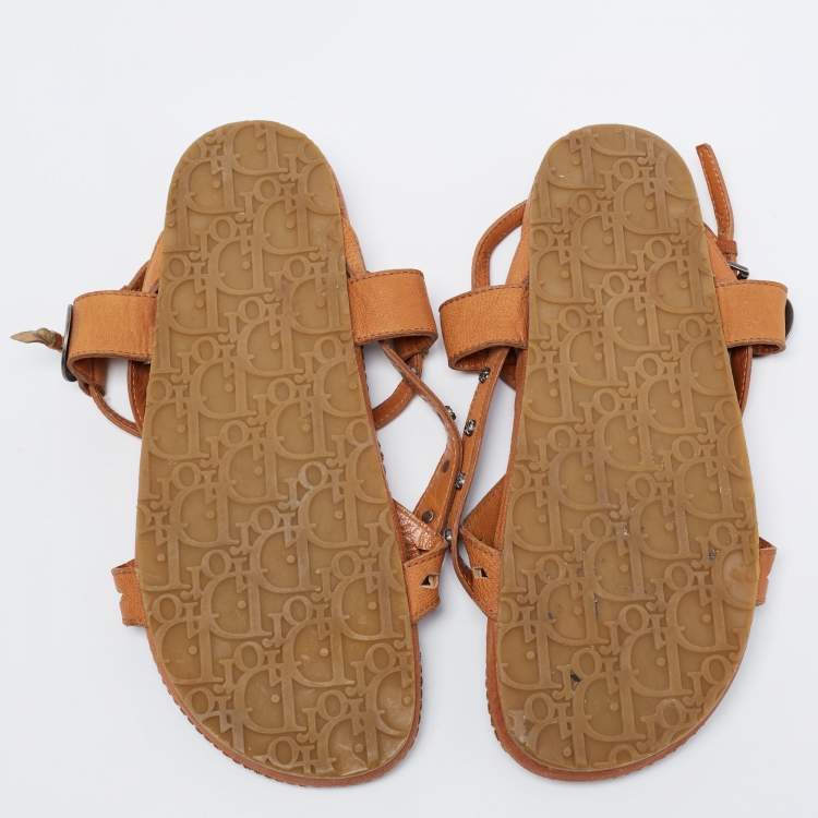 Pre Owned Dior Brown Leather Flat Slingback Sandals Size 39.5 