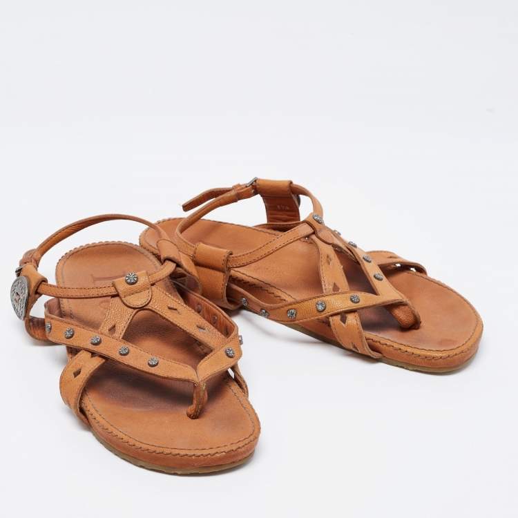 Pre Owned Dior Brown Leather Flat Slingback Sandals Size 39.5 