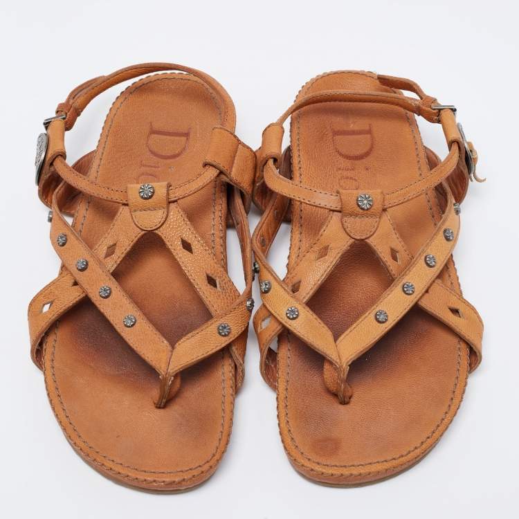 Pre Owned Dior Brown Leather Flat Slingback Sandals Size 39.5 
