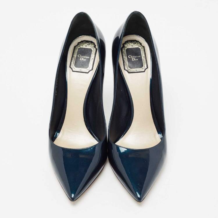Pre Owned Dior Metallic Navy Blue Patent Leather Cherie Pointed Toe Pumps Size 41.5