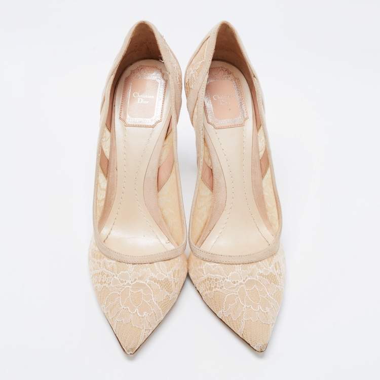 Pre Owned Dior Beige Lace And Suede Chantilly Pointed Toe Pumps Size 39