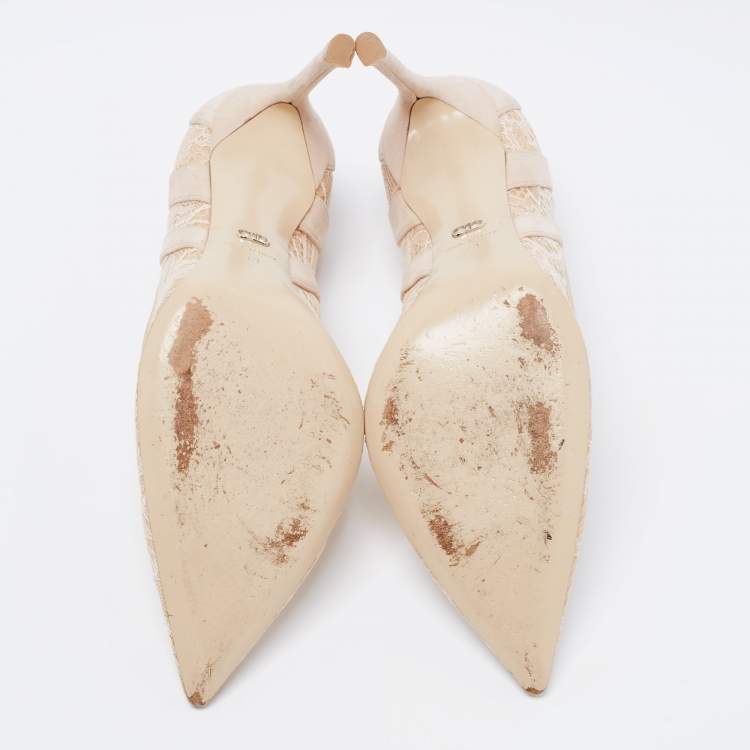 Pre Owned Dior Beige Lace And Suede Chantilly Pointed Toe Pumps Size 39
