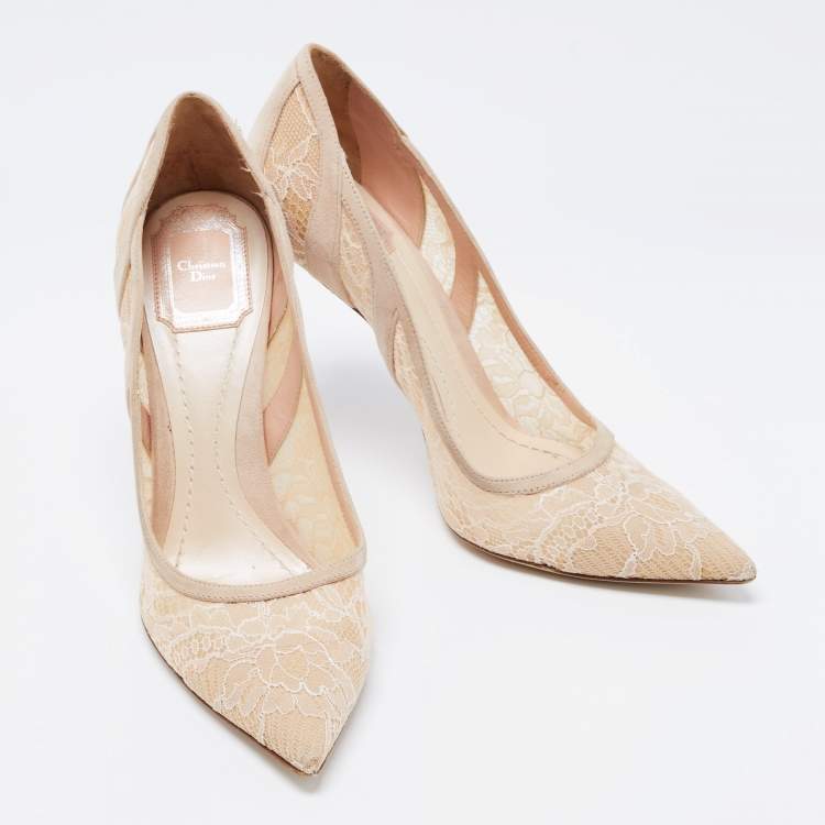 Pre Owned Dior Beige Lace And Suede Chantilly Pointed Toe Pumps Size 39