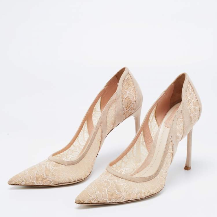 Pre Owned Dior Beige Lace And Suede Chantilly Pointed Toe Pumps Size 39