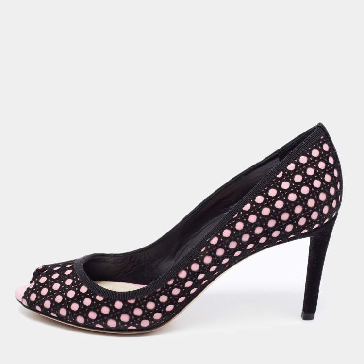 Pre Owned Dior Black/Pink Cannage Cutout Suede And Leather Peep Toe Pumps Size 39
