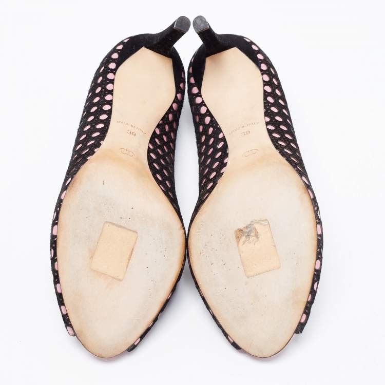 Pre Owned Dior Black/Pink Cannage Cutout Suede And Leather Peep Toe Pumps Size 39