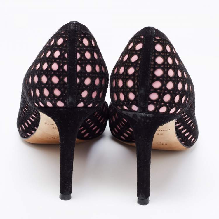 Pre Owned Dior Black/Pink Cannage Cutout Suede And Leather Peep Toe Pumps Size 39