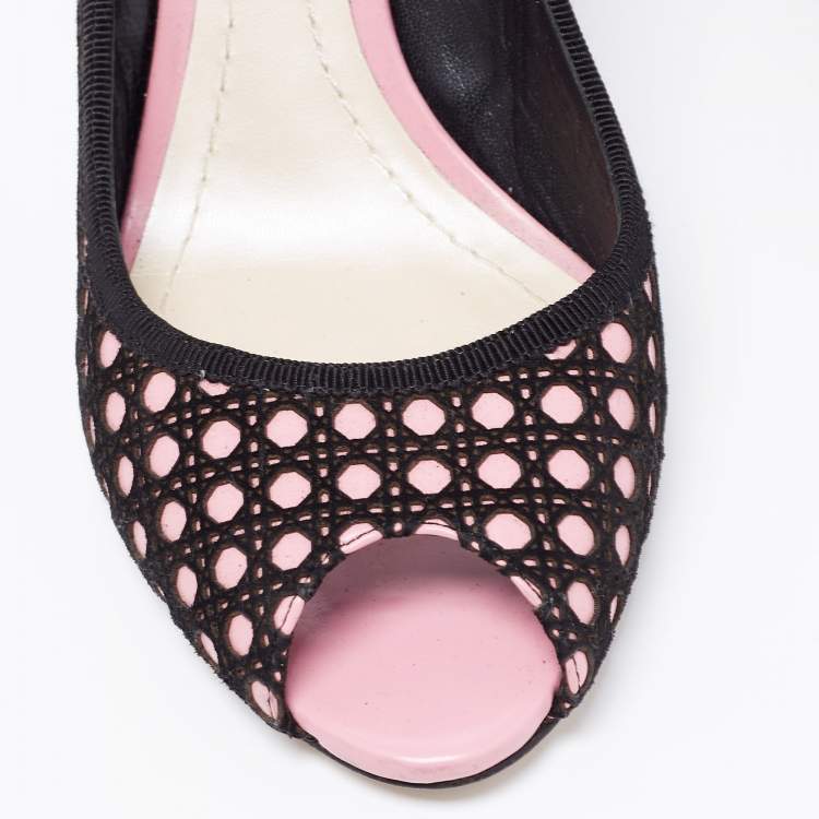 Pre Owned Dior Black/Pink Cannage Cutout Suede And Leather Peep Toe Pumps Size 39