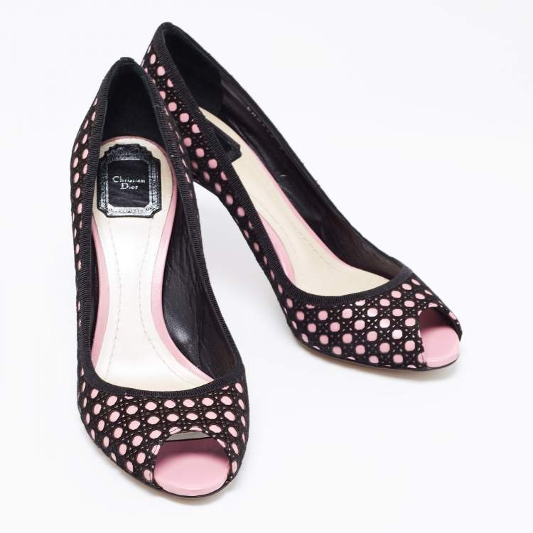 Pre Owned Dior Black/Pink Cannage Cutout Suede And Leather Peep Toe Pumps Size 39