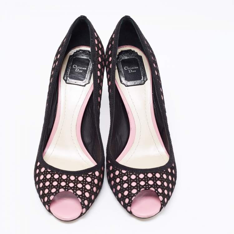 Pre Owned Dior Black/Pink Cannage Cutout Suede And Leather Peep Toe Pumps Size 39