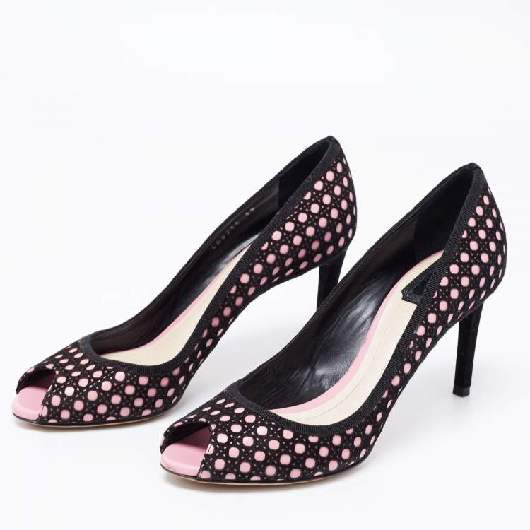 Pre Owned Dior Black/Pink Cannage Cutout Suede And Leather Peep Toe Pumps Size 39