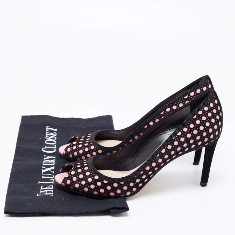 Pre Owned Dior Black/Pink Cannage Cutout Suede And Leather Peep Toe Pumps Size 39